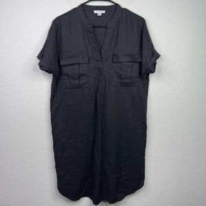 Pure Navy Dress Womens M Black Linen Short Sleeve Utility Coastal‎ Minimalist